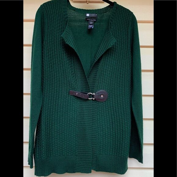 Carole Little dark green Long-sleeved cardigan, fastener,  50% merino wool, L - Picture 1 of 8